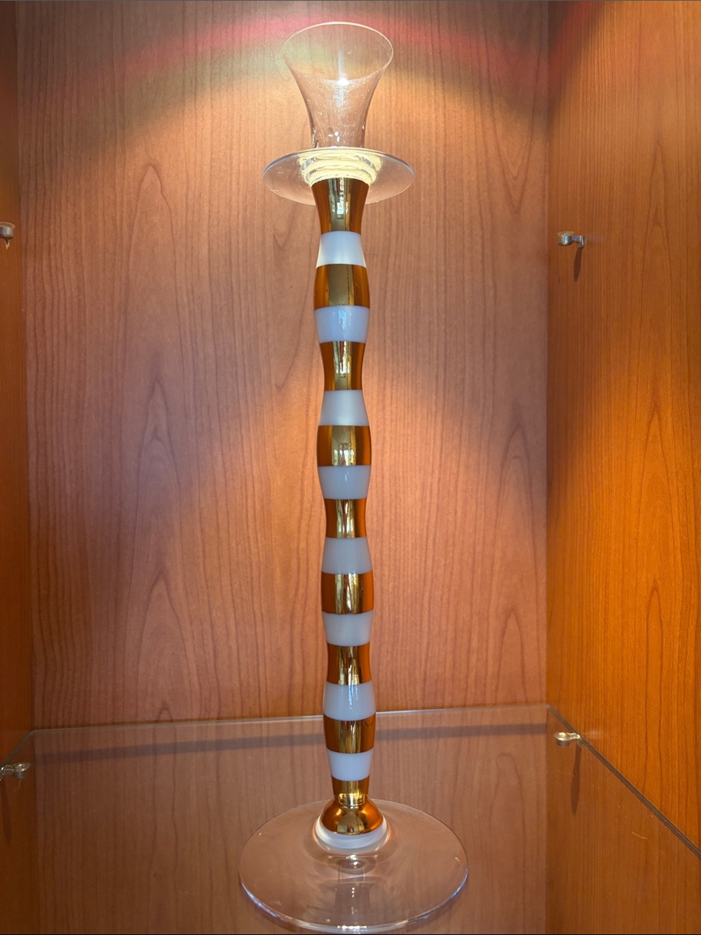 Kosta Boda Striped Gold and White Glass Candlestick Holder signed